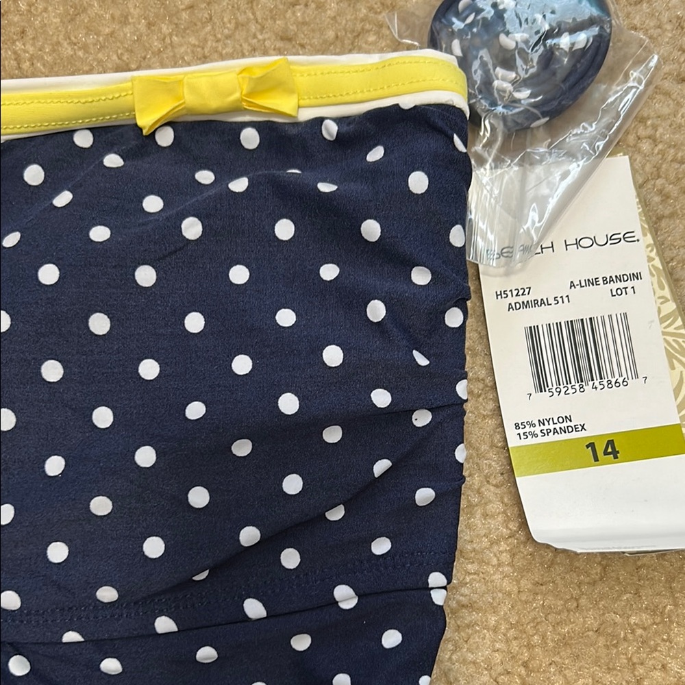 Navy Polka Dot Strapless Takini with Yellow Trim - Picture 2 of 2